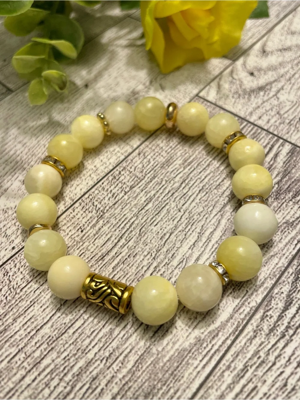 Yellow Quartz with Gold and CZ Accents 10mm stretch handmade butter yellow